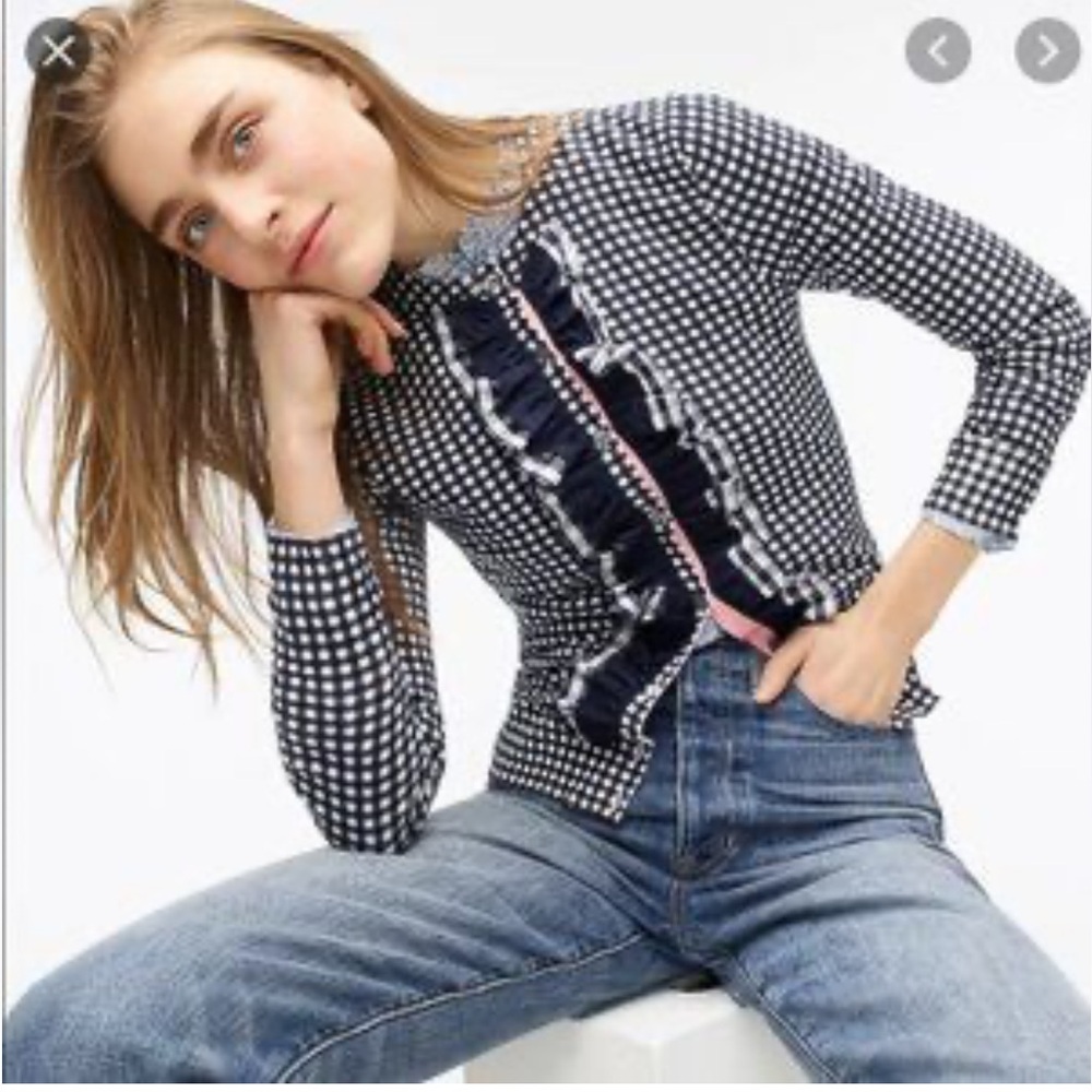 J Crew Jackie Navy Gingham Ruffle Cardigan Sweater
Sz Small Preppy